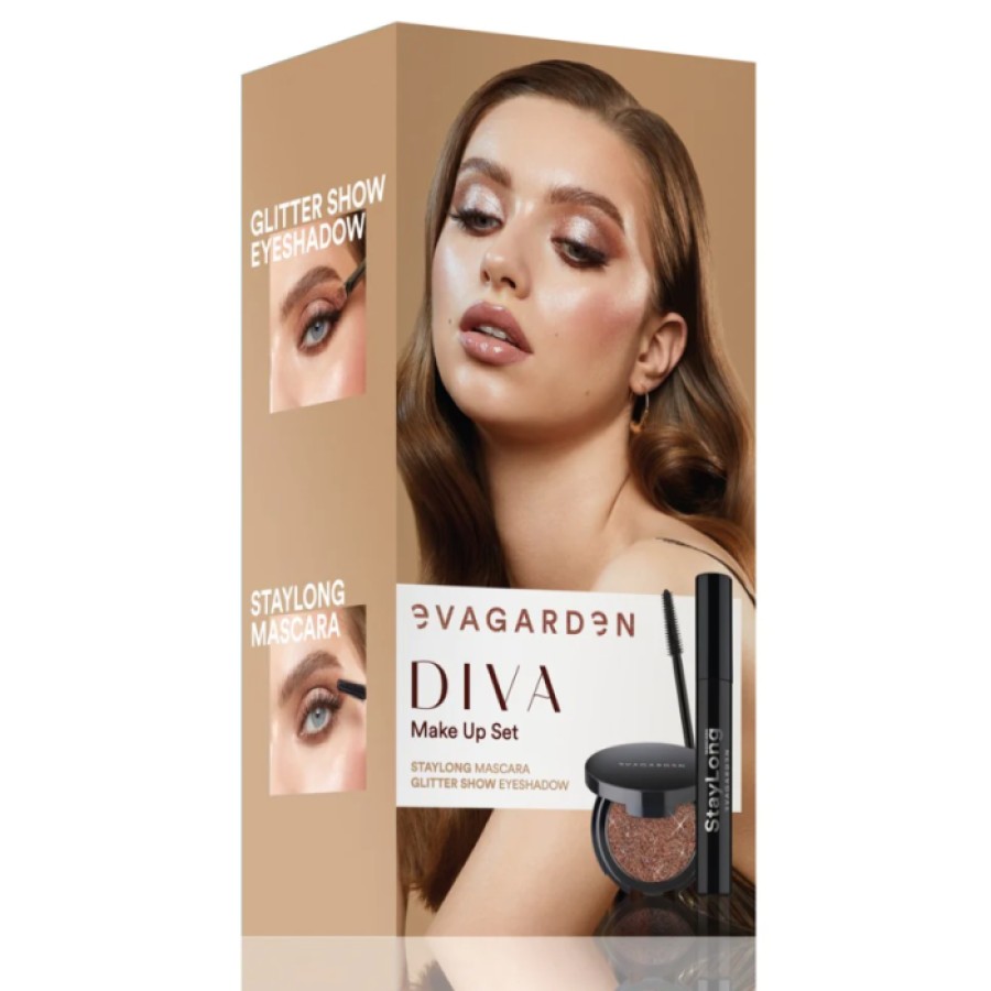 EVAGARDEN DIVA Make Up Set- šventinis rinkinys: blakstienų tušas ilginantis blakstienas + šešėliai