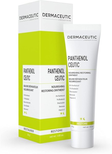 DERMACEUTIC PANTHENOL CEUTIC maitinamasis atkuriamasis veido kremas su pantenoliu, taukmedžio sviestu, bičių vašku ir vitaminu E  suteikiantis greitą komfortą sausai, jautriai ir sudirgusiai odai 30g