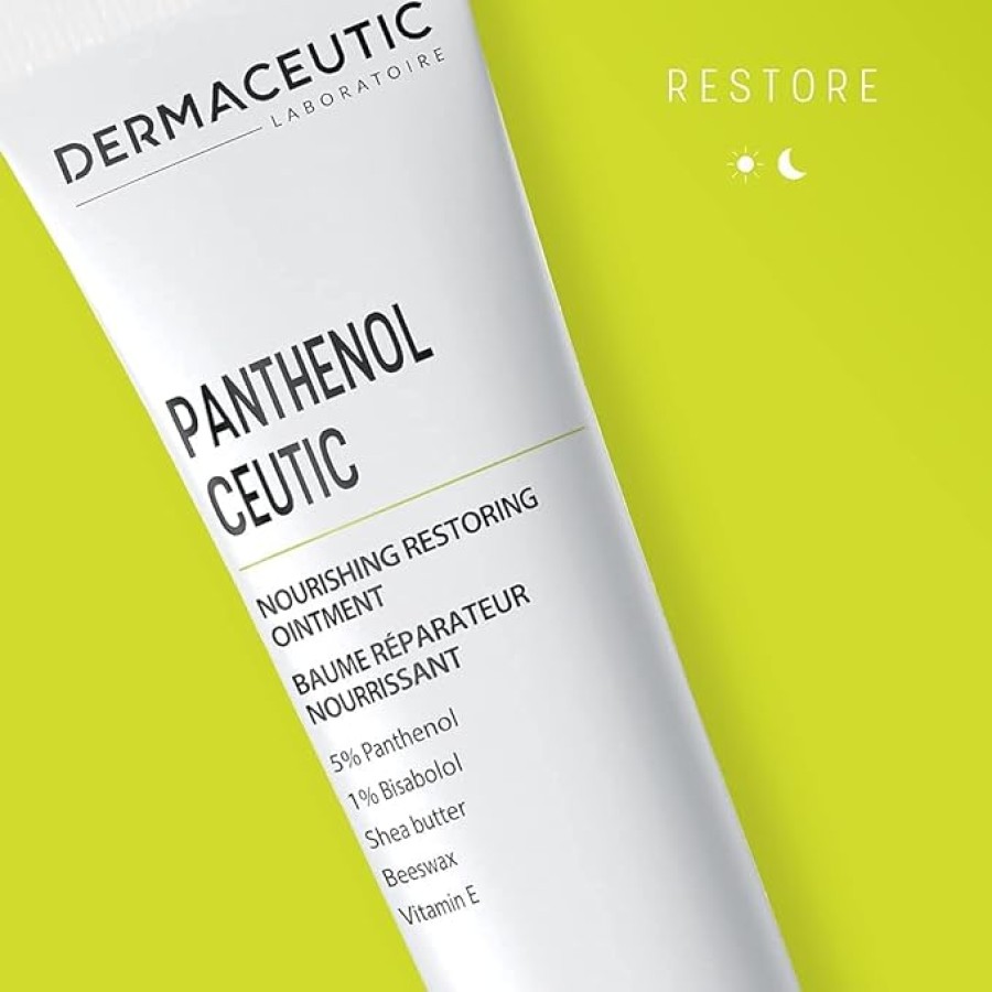 DERMACEUTIC PANTHENOL CEUTIC maitinamasis atkuriamasis veido kremas su pantenoliu, taukmedžio sviestu, bičių vašku ir vitaminu E  suteikiantis greitą komfortą sausai, jautriai ir sudirgusiai odai 30g