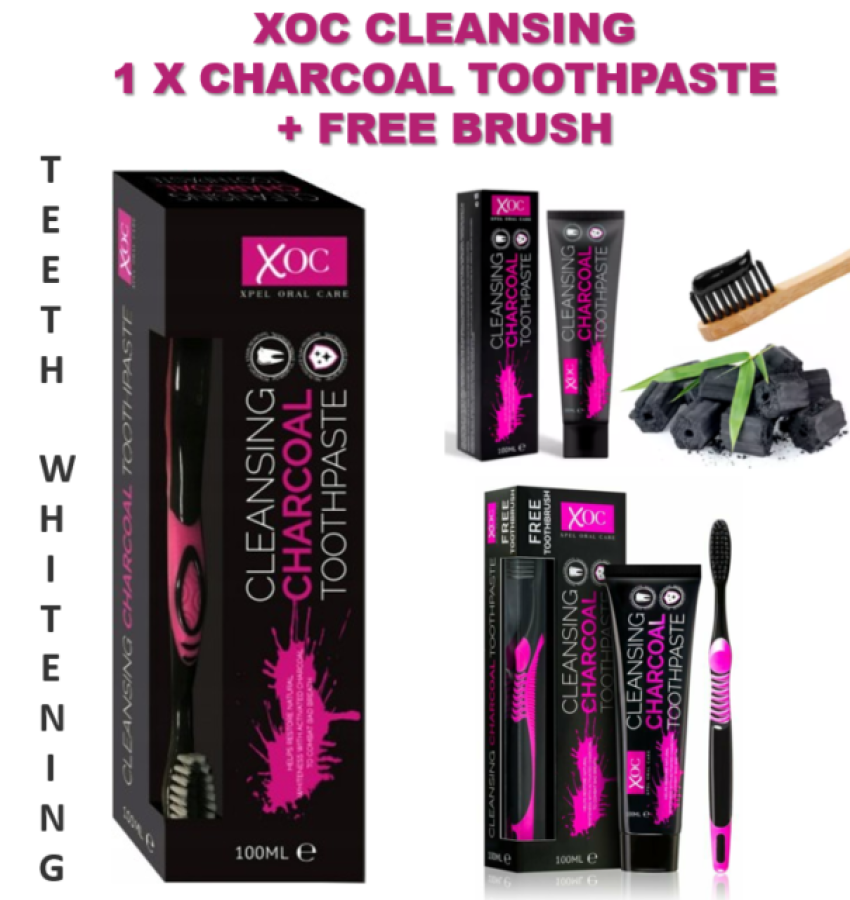 XOC Charcoal dantų pasta su bambuko anglimi 100ml + dantų šepetėlis su bambuko anglies šereliais